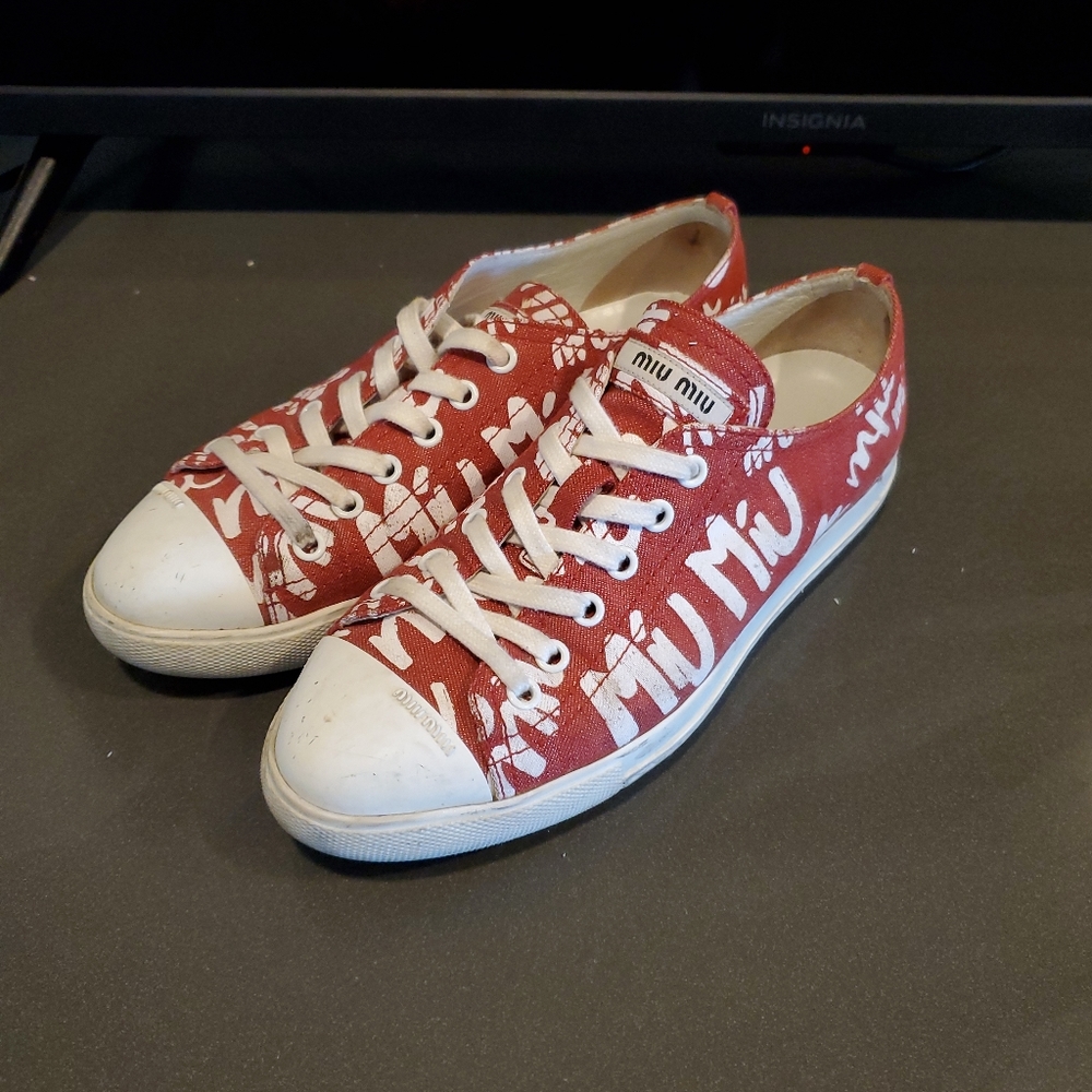 Miu Miu Red White Graffiti Canvas Sneaker Sz 36.5/6.5